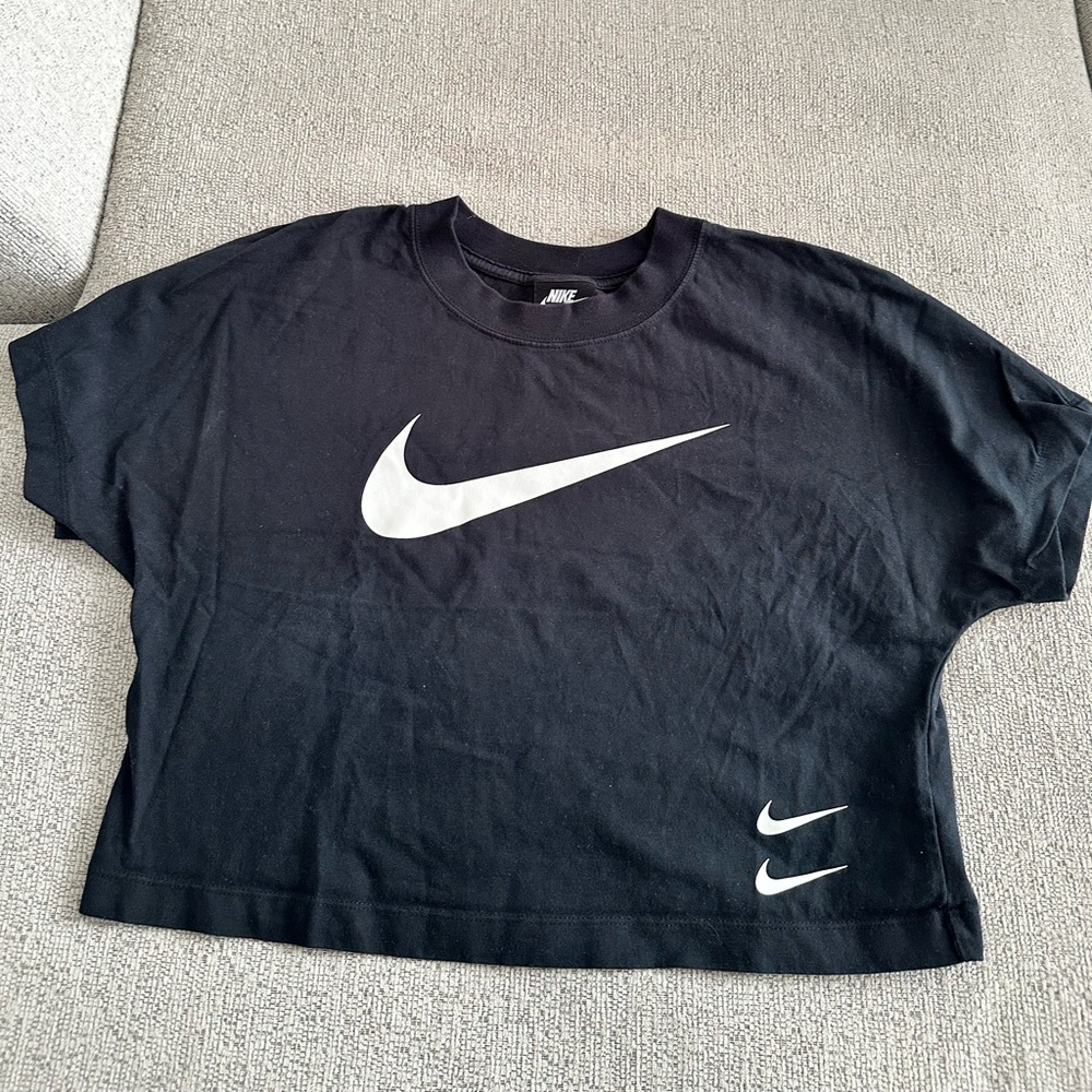 Nike Black Crop Tee with Dual White Swooshes